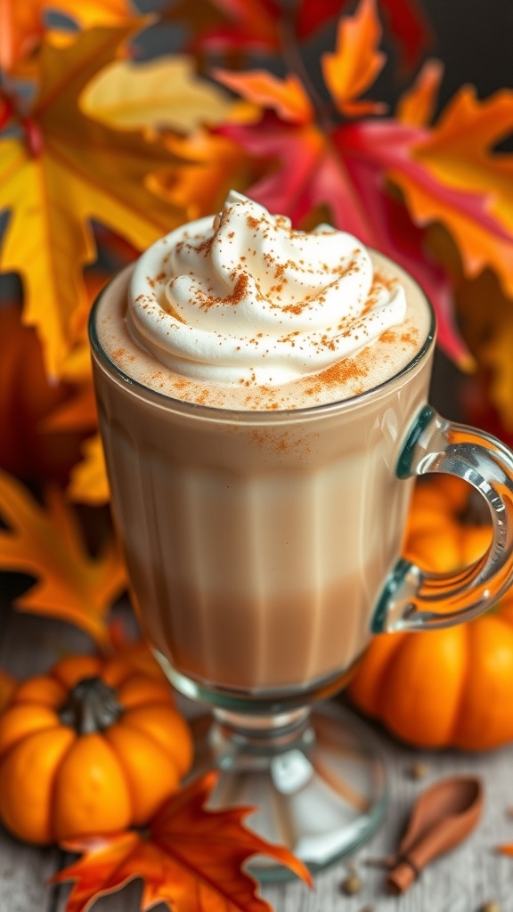 Pumpkin Spice Latte Recipe A cozy cup of pumpkin spice latte with whipped cream and cinnamon, surrounded by autumn leaves and a pumpkin.